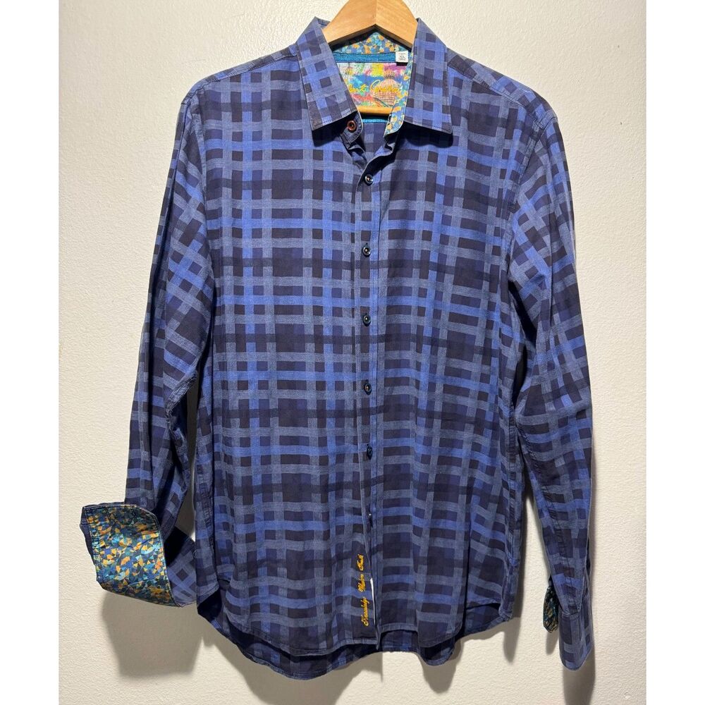 Robert Graham button up shirt colorful sleeve cuff classic fit blue plaid men XL